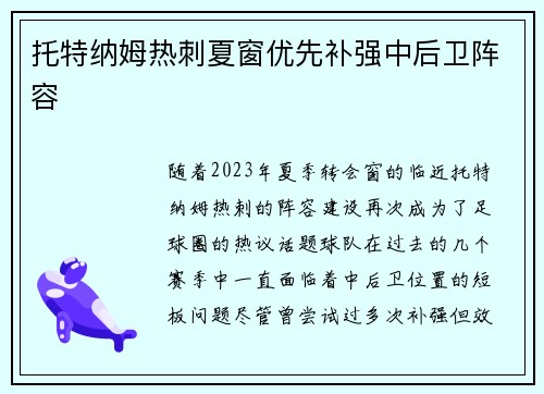 托特纳姆热刺夏窗优先补强中后卫阵容