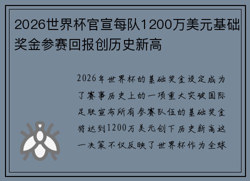 2026世界杯官宣每队1200万美元基础奖金参赛回报创历史新高